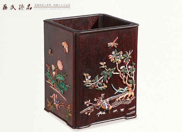 區氏臻品:嵌百寶石方筆筒(小葉紫檀)